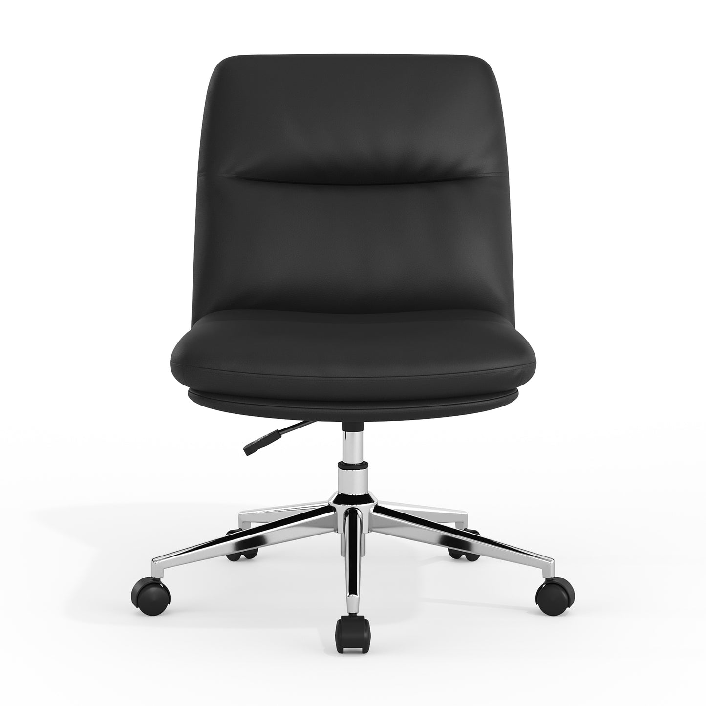 Chloe Commercial Mid-Back Black Padded LeatherSoft Armless Task Office Chair with Wheels, Adjustable Height, Swivel Function, and Chrome Frame Black LeatherSoft/Chrome Frame