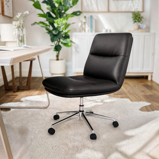 Chloe Commercial Mid-Back Black Padded LeatherSoft Armless Task Office Chair with Wheels, Adjustable Height, Swivel Function, and Chrome Frame Black LeatherSoft/Chrome Frame CH-232174-1-BK-GG