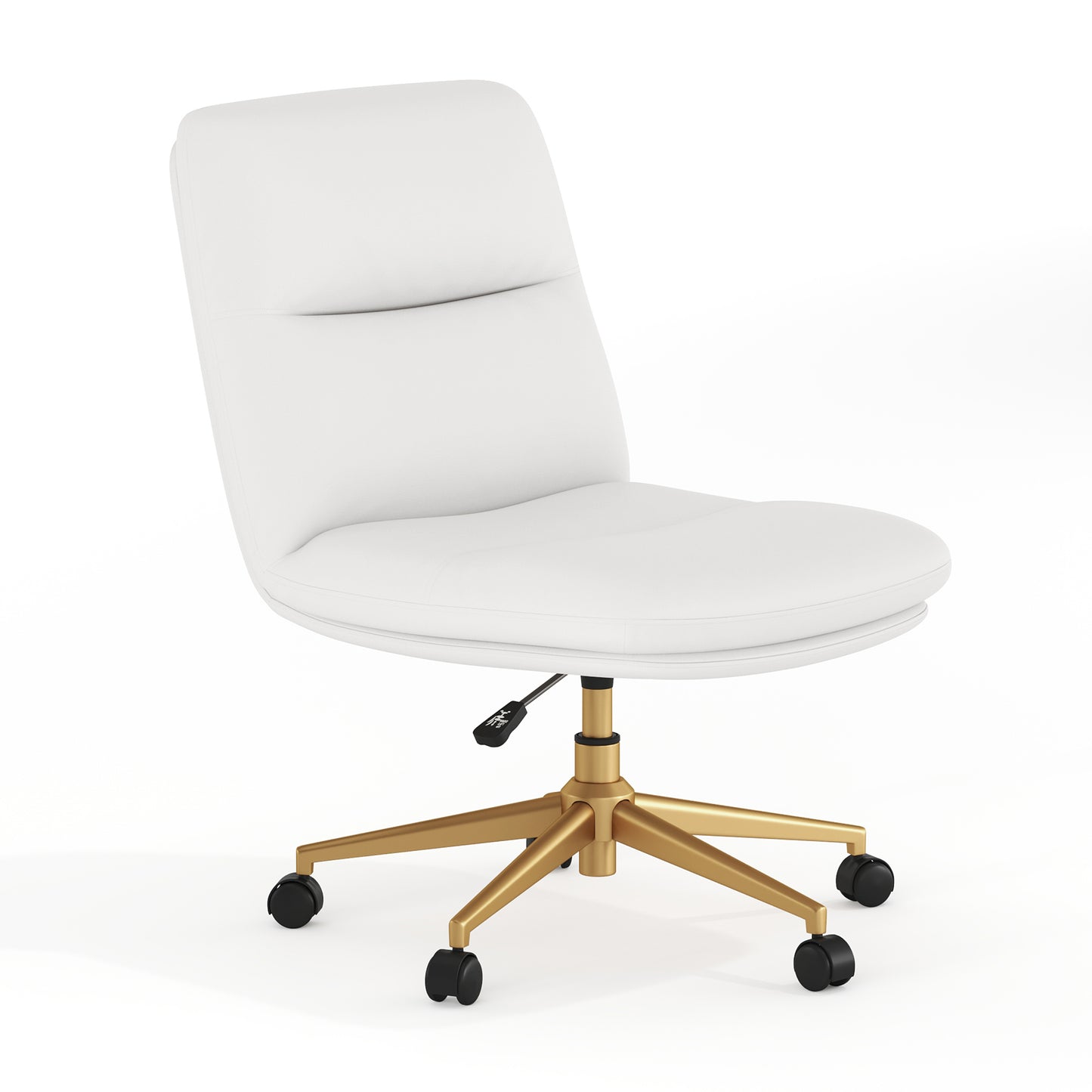 Chloe Commercial Mid-Back White Padded LeatherSoft Armless Task Office Chair with Wheels, Adjustable Height, Swivel Function, and Gold Frame White LeatherSoft/Gold Frame