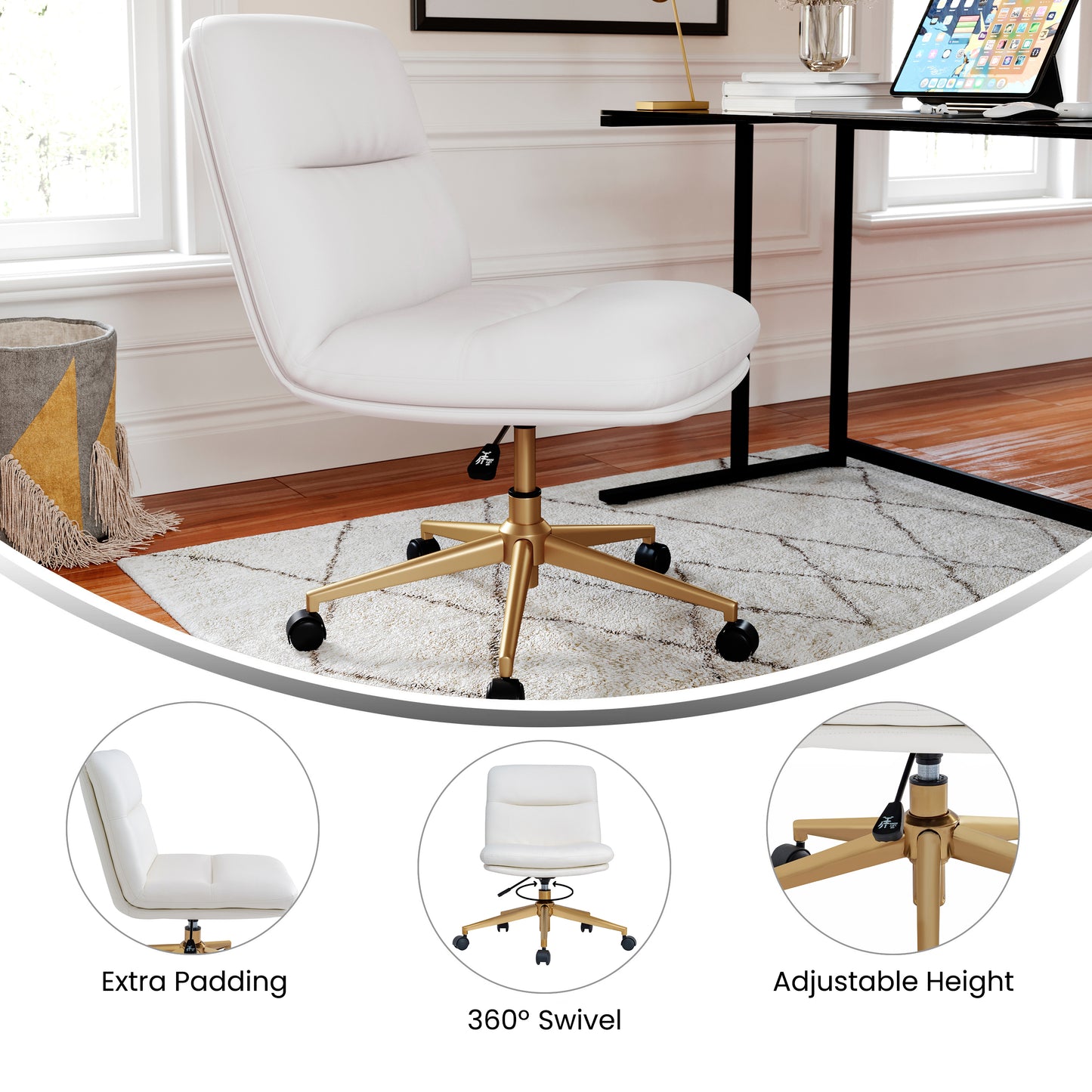 Chloe Commercial Mid-Back White Padded LeatherSoft Armless Task Office Chair with Wheels, Adjustable Height, Swivel Function, and Gold Frame White LeatherSoft/Gold Frame