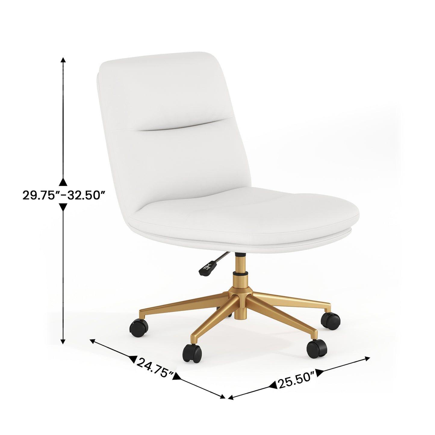 Chloe Commercial Mid-Back White Padded LeatherSoft Armless Task Office Chair with Wheels, Adjustable Height, Swivel Function, and Gold Frame White LeatherSoft/Gold Frame