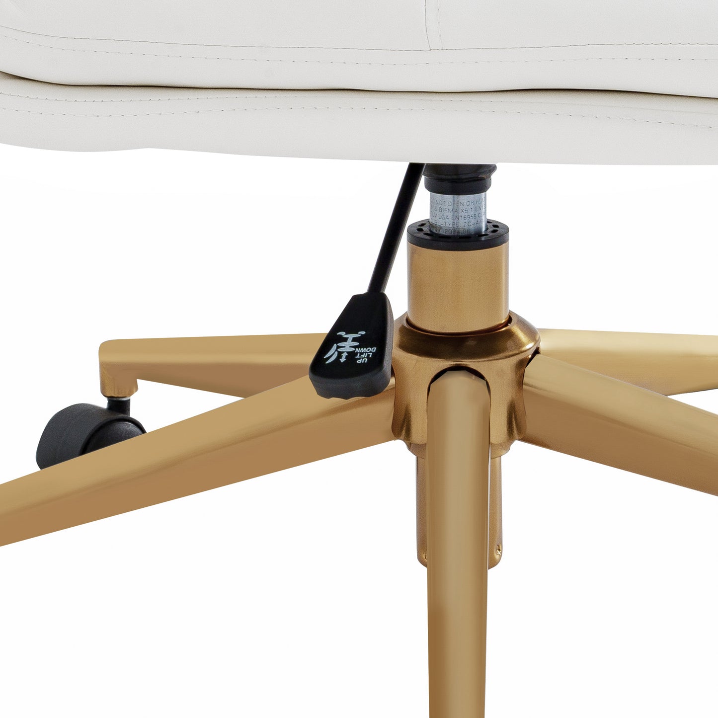 Chloe Commercial Mid-Back White Padded LeatherSoft Armless Task Office Chair with Wheels, Adjustable Height, Swivel Function, and Gold Frame White LeatherSoft/Gold Frame