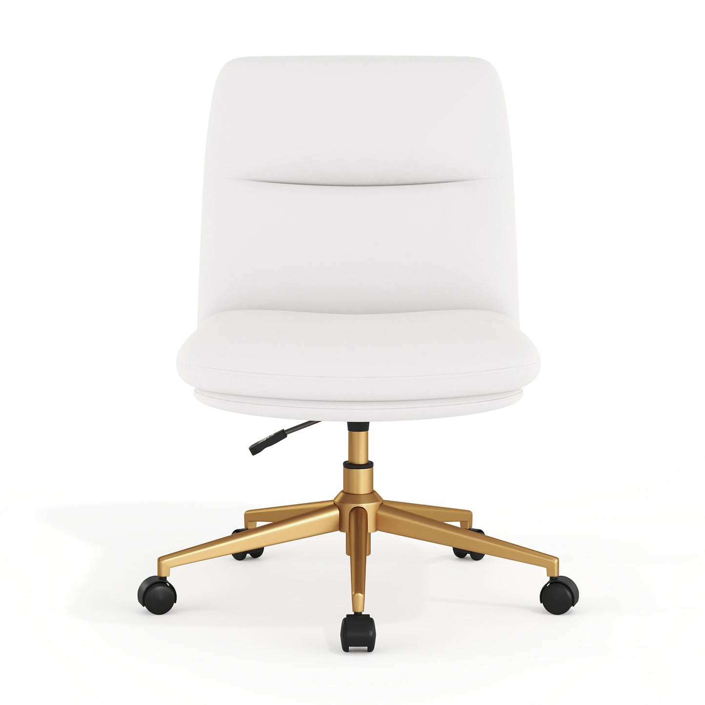 Chloe Commercial Mid-Back White Padded LeatherSoft Armless Task Office Chair with Wheels, Adjustable Height, Swivel Function, and Gold Frame White LeatherSoft/Gold Frame