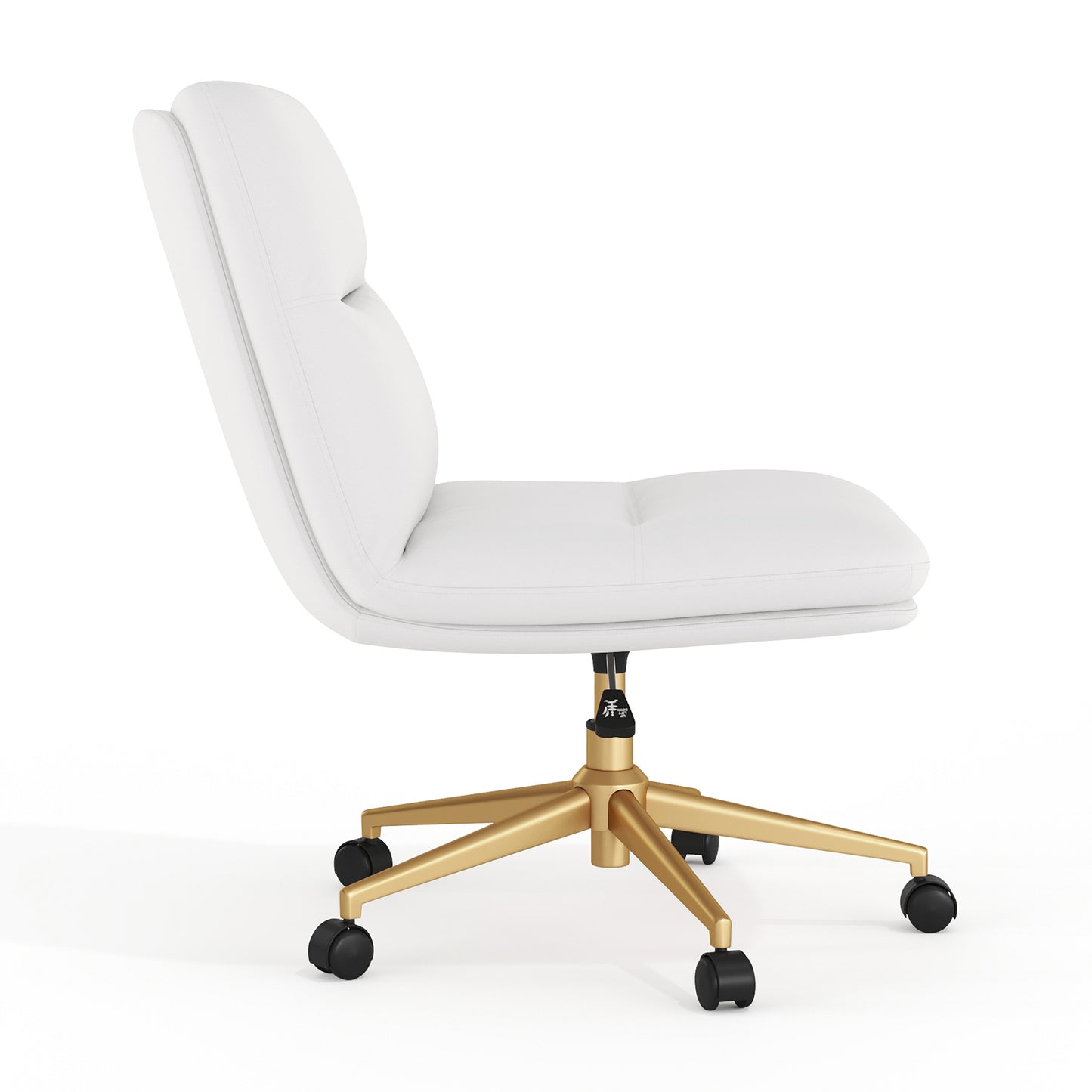 Chloe Commercial Mid-Back White Padded LeatherSoft Armless Task Office Chair with Wheels, Adjustable Height, Swivel Function, and Gold Frame White LeatherSoft/Gold Frame