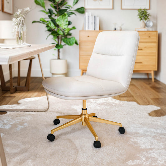 Chloe Commercial Mid-Back White Padded LeatherSoft Armless Task Office Chair with Wheels, Adjustable Height, Swivel Function, and Gold Frame White LeatherSoft/Gold Frame CH-232174-1-WH-GLD-GG