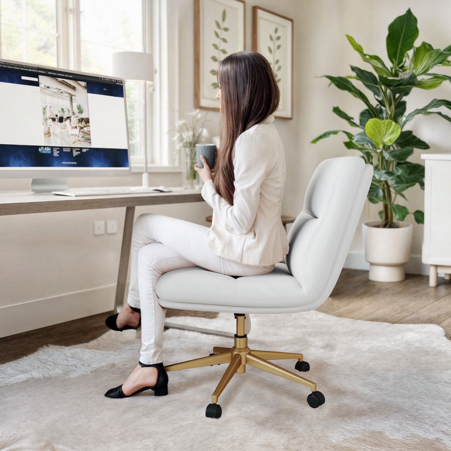 Chloe Commercial Mid-Back White Padded LeatherSoft Armless Task Office Chair with Wheels, Adjustable Height, Swivel Function, and Gold Frame White LeatherSoft/Gold Frame