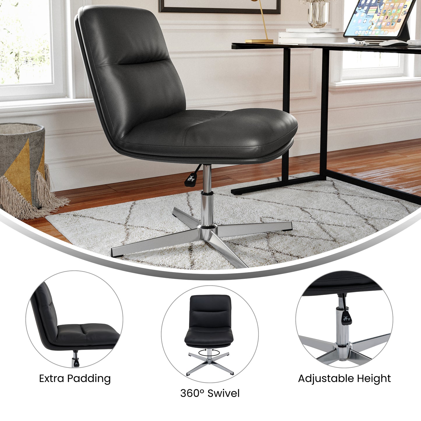 Chloe Commercial Mid-Back Black Padded LeatherSoft Armless Stationary Task Office Chair with Adjustable Height, Swivel Function, and Chrome Frame Black LeatherSoft/Chrome Frame