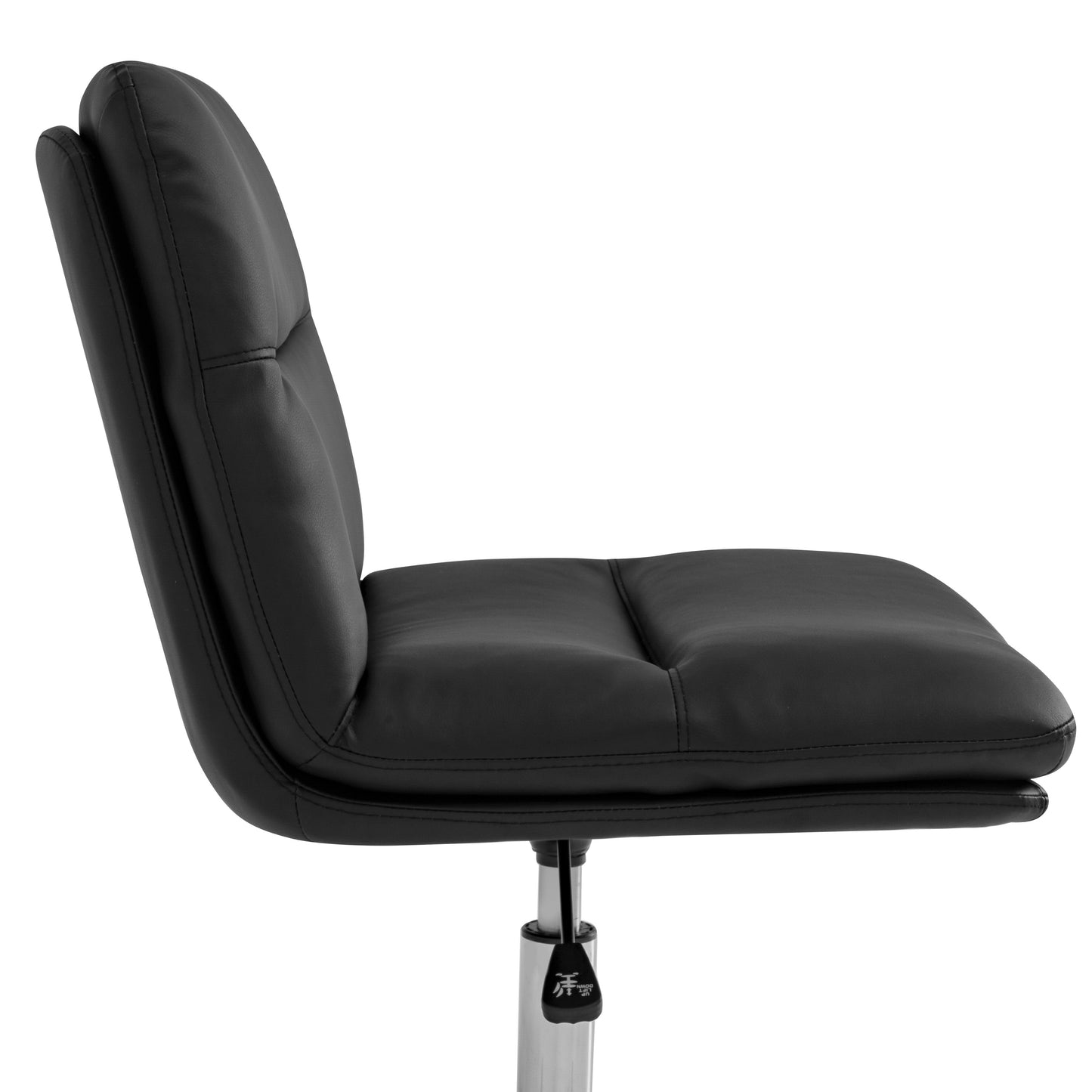 Chloe Commercial Mid-Back Black Padded LeatherSoft Armless Stationary Task Office Chair with Adjustable Height, Swivel Function, and Chrome Frame Black LeatherSoft/Chrome Frame