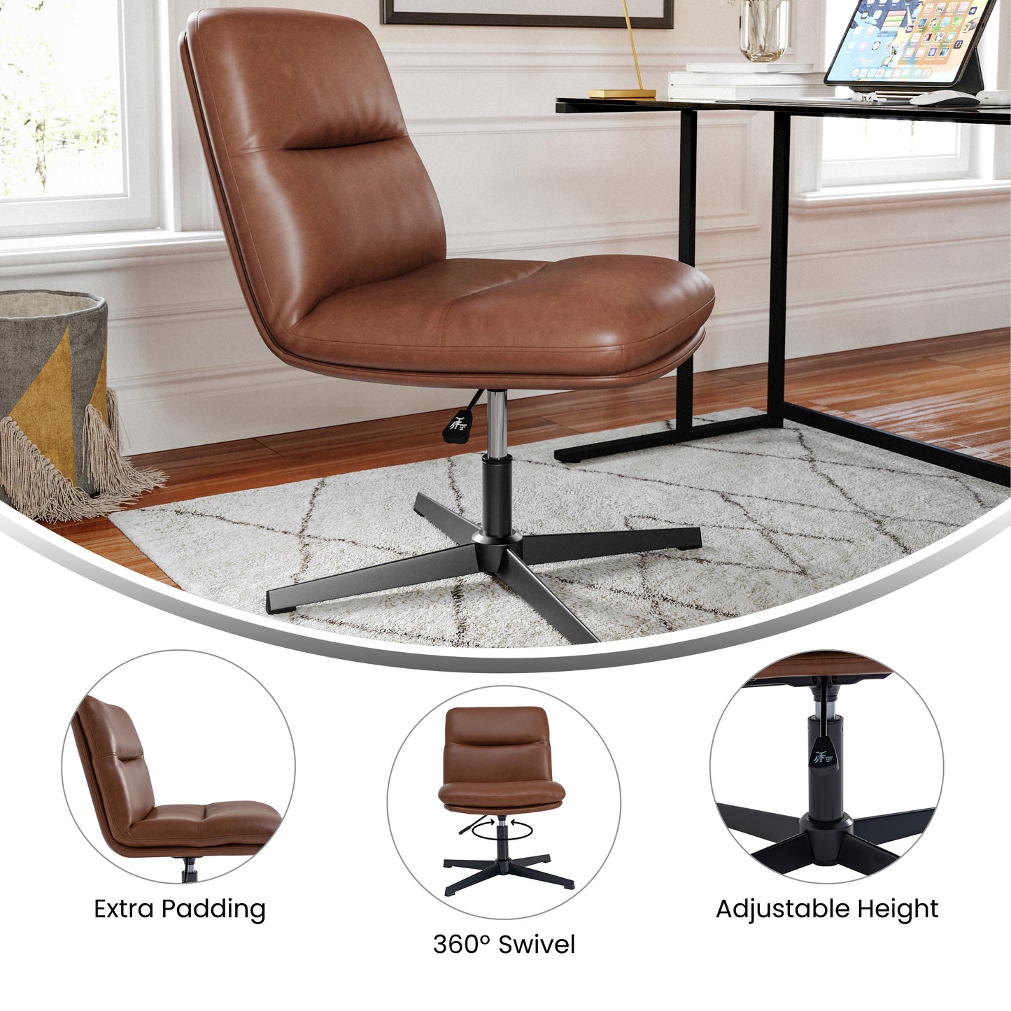 Chloe Commercial Mid-Back Cognac Padded LeatherSoft Armless Stationary Task Office Chair with Adjustable Height, Swivel Function, and Black Frame Cognac LeatherSoft/Black Frame