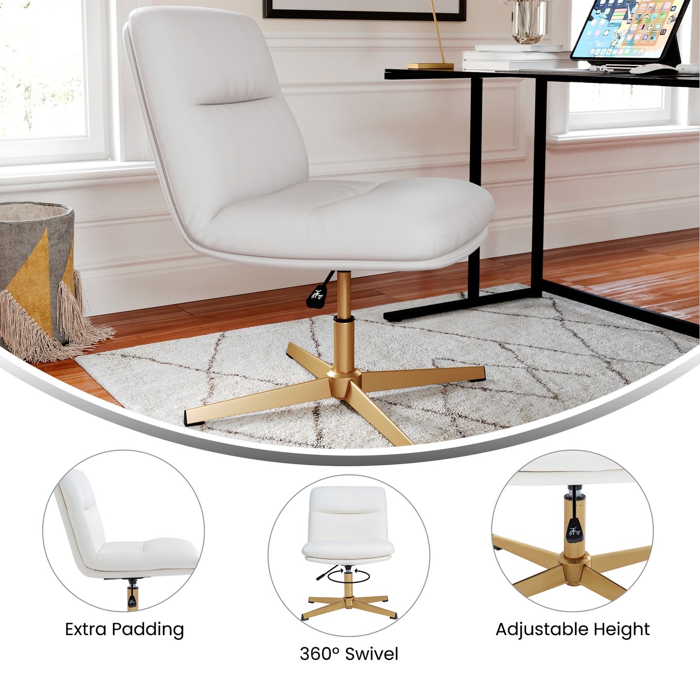 Chloe Commercial Mid-Back White Padded LeatherSoft Armless Stationary Task Office Chair with Adjustable Height, Swivel Function, and Gold Frame White LeatherSoft/Gold Frame