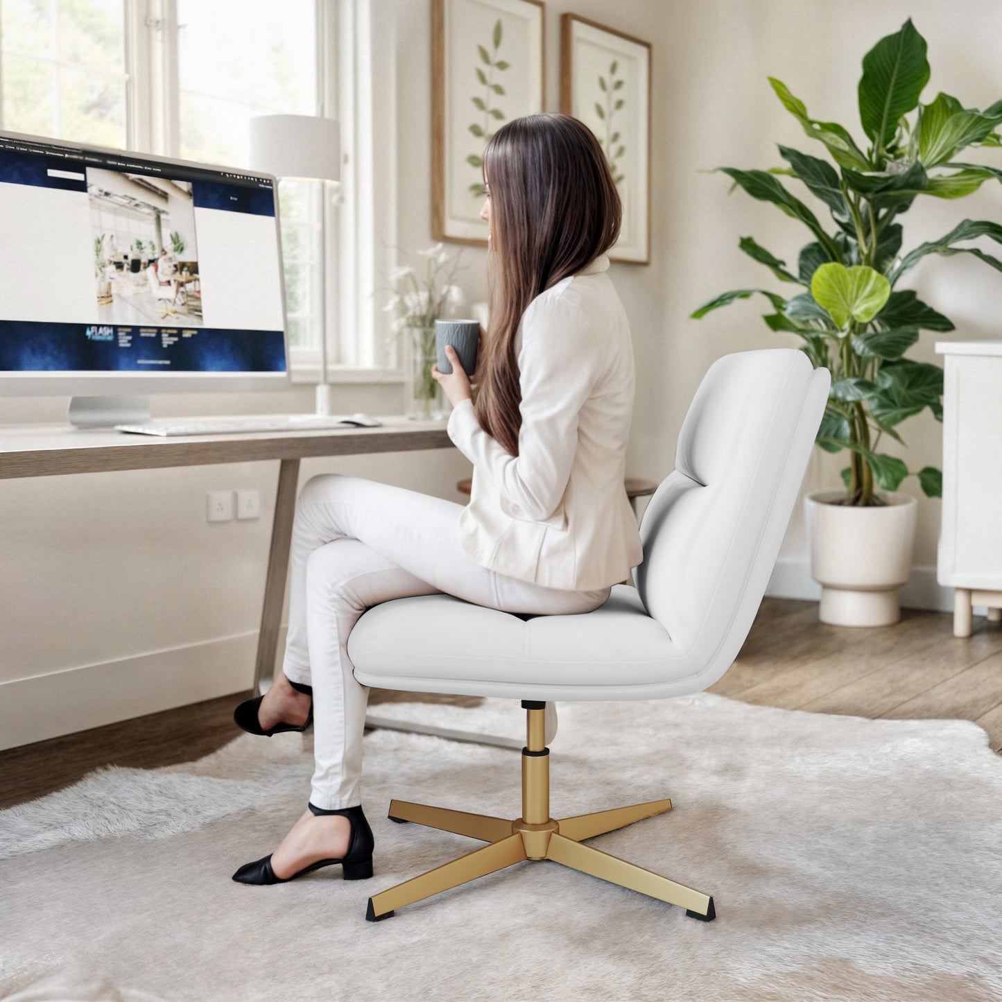 Chloe Commercial Mid-Back White Padded LeatherSoft Armless Stationary Task Office Chair with Adjustable Height, Swivel Function, and Gold Frame White LeatherSoft/Gold Frame