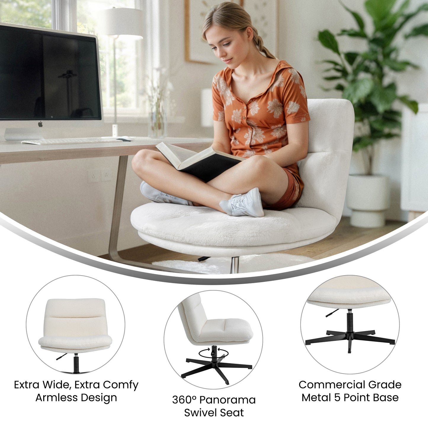 Chloe Commercial Wide Mid-Back Cream Padded Faux Shearling Armless Stationary Task Office Chair with Adjustable Height, Swivel Function, Black Frame Cream Faux Shearling/Black Frame