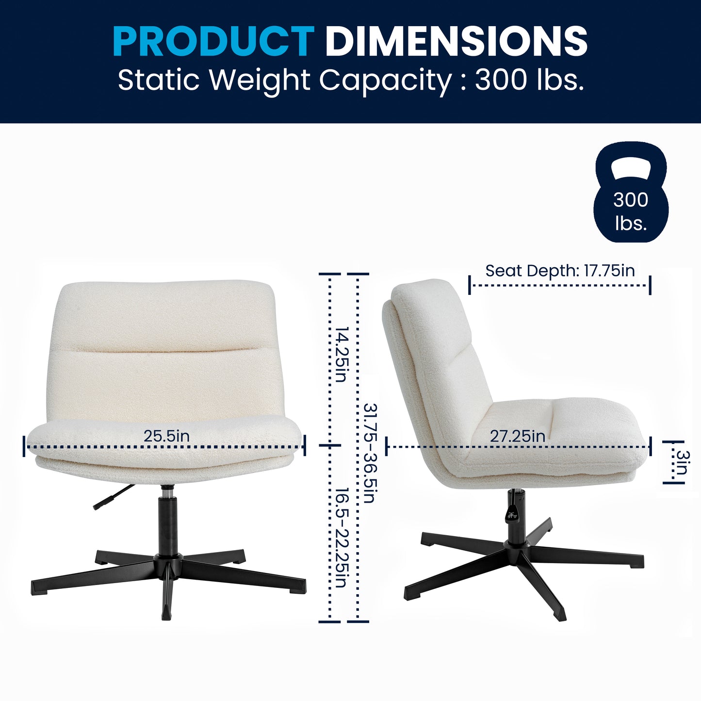 Chloe Commercial Wide Mid-Back Cream Padded Faux Shearling Armless Stationary Task Office Chair with Adjustable Height, Swivel Function, Black Frame Cream Faux Shearling/Black Frame