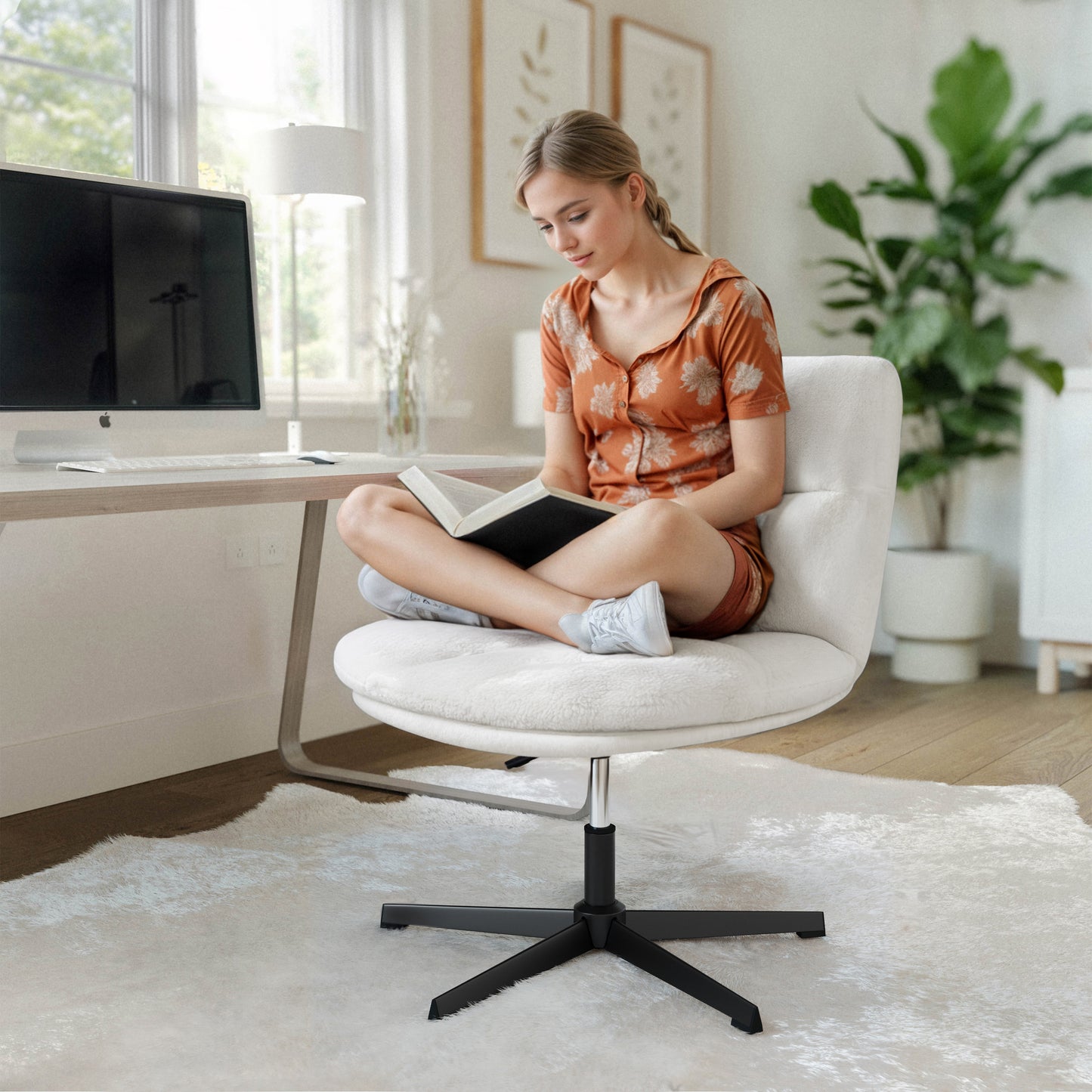 Chloe Commercial Wide Mid-Back Cream Padded Faux Shearling Armless Stationary Task Office Chair with Adjustable Height, Swivel Function, Black Frame Cream Faux Shearling/Black Frame