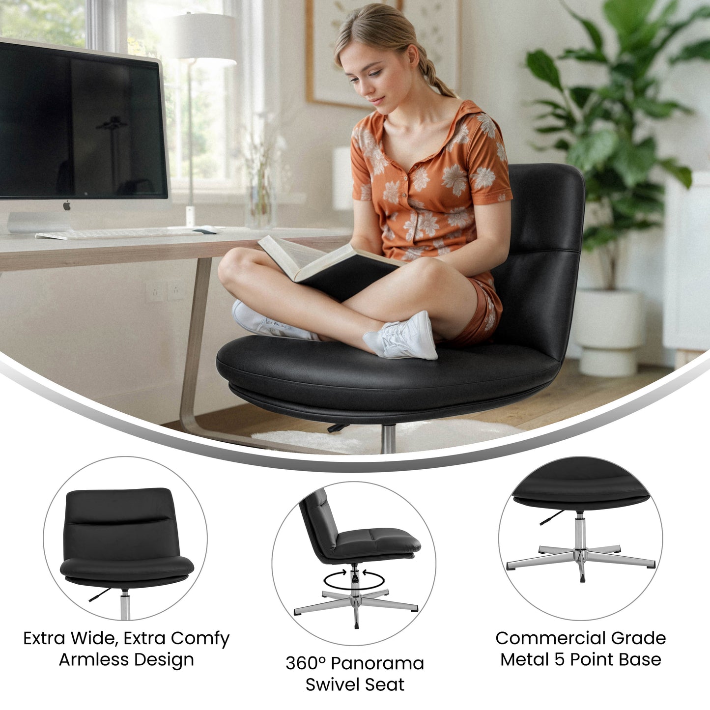 Chloe Commercial Wide Mid-Back Black Padded LeatherSoft Armless Stationary Task Office Chair with Adjustable Height, Swivel Function, and Chrome Frame Black LeatherSoft/Chrome Frame
