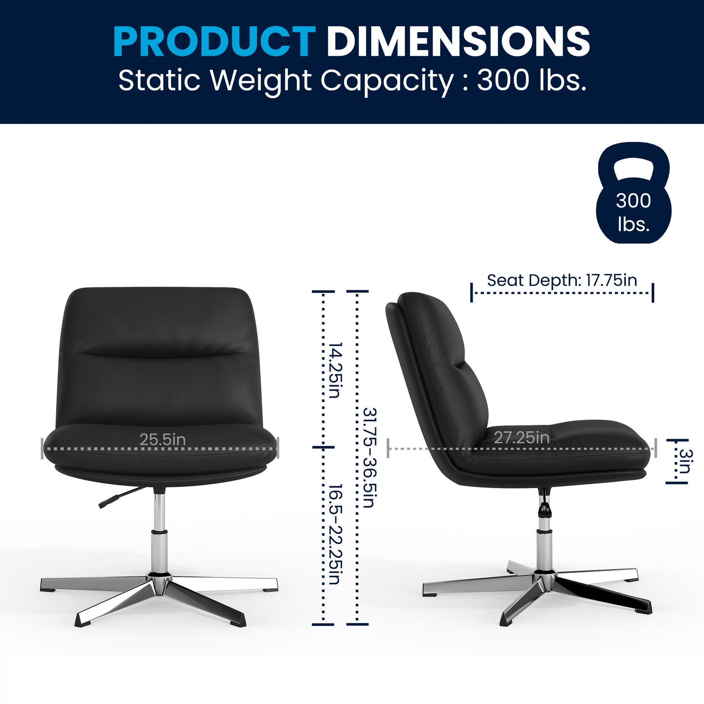 Chloe Commercial Wide Mid-Back Black Padded LeatherSoft Armless Stationary Task Office Chair with Adjustable Height, Swivel Function, and Chrome Frame Black LeatherSoft/Chrome Frame