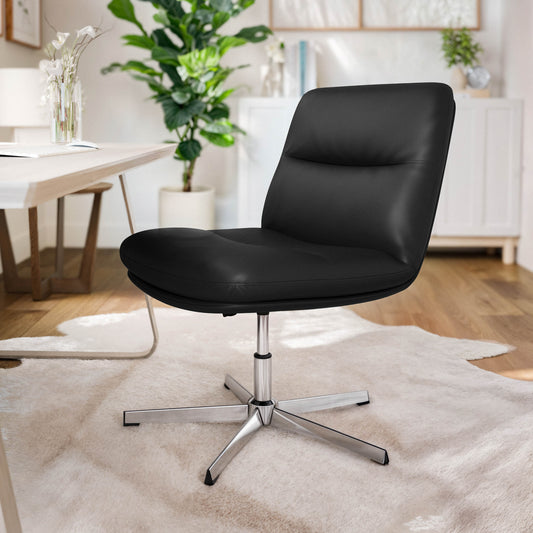 Chloe Commercial Wide Mid-Back Black Padded LeatherSoft Armless Stationary Task Office Chair with Adjustable Height, Swivel Function, and Chrome Frame Black LeatherSoft/Chrome Frame CH-232196-BK-GG