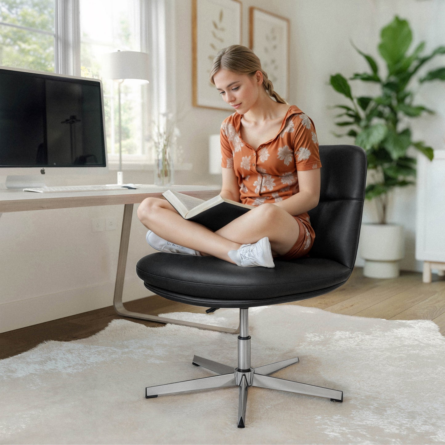 Chloe Commercial Wide Mid-Back Black Padded LeatherSoft Armless Stationary Task Office Chair with Adjustable Height, Swivel Function, and Chrome Frame Black LeatherSoft/Chrome Frame