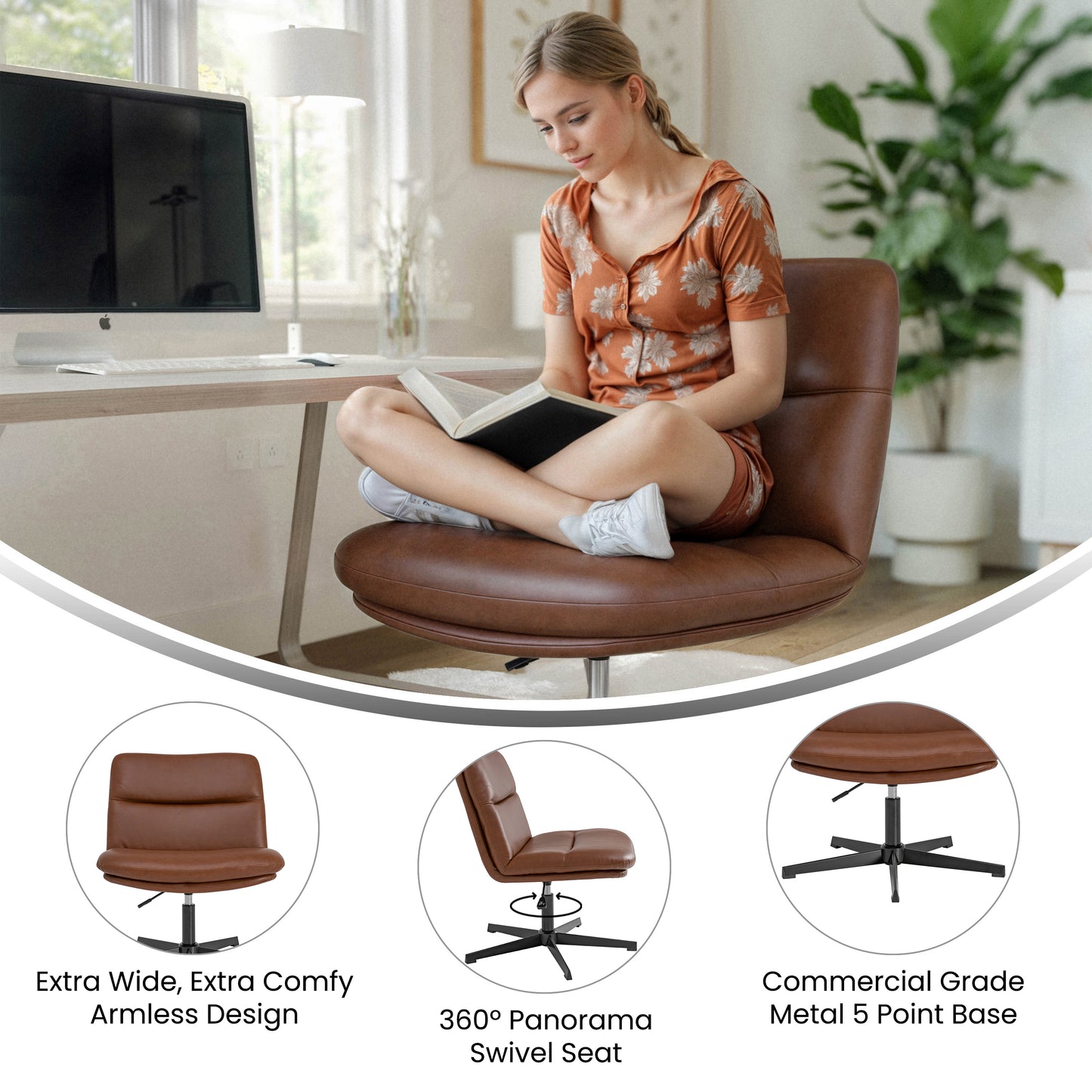 Chloe Commercial Wide Mid-Back Cognac Padded LeatherSoft Armless Stationary Task Office Chair with Adjustable Height, Swivel Function, and Black Frame Cognac LeatherSoft/Black Frame