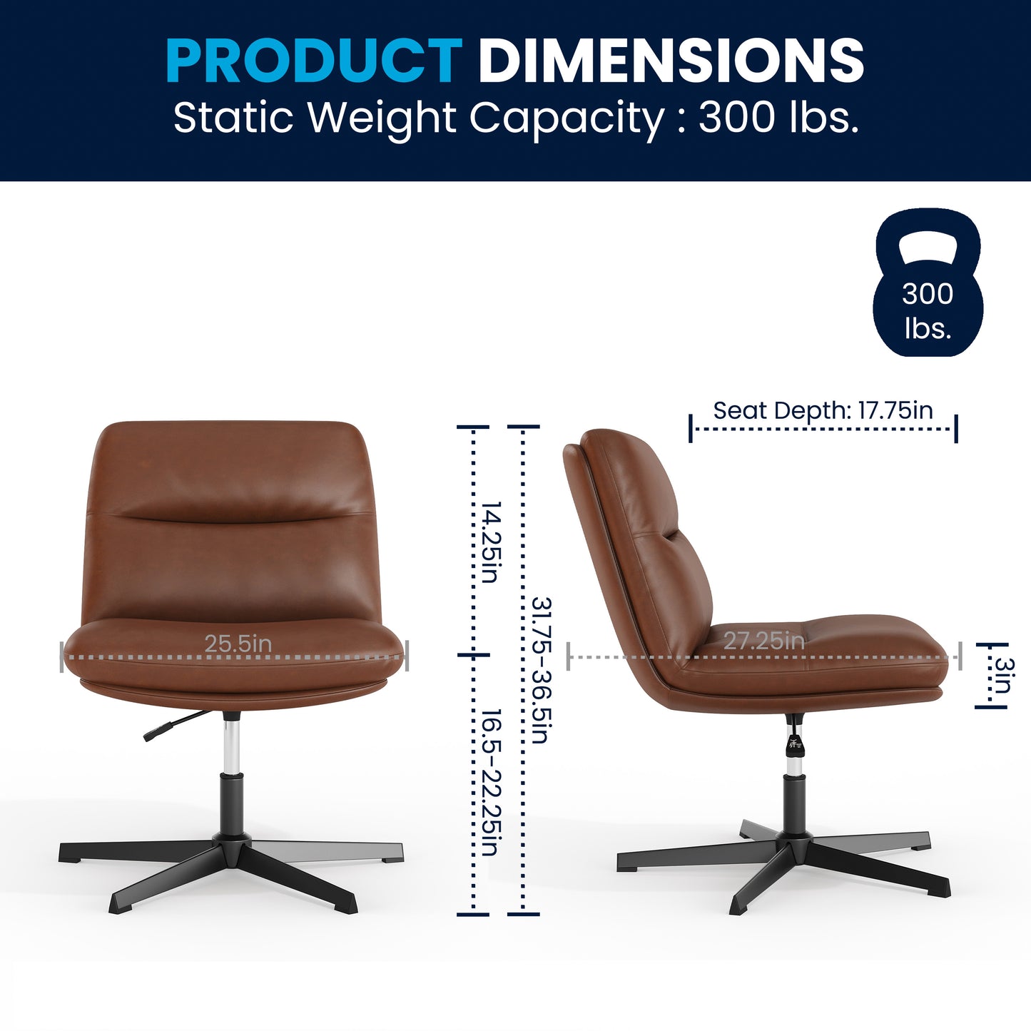 Chloe Commercial Wide Mid-Back Cognac Padded LeatherSoft Armless Stationary Task Office Chair with Adjustable Height, Swivel Function, and Black Frame Cognac LeatherSoft/Black Frame