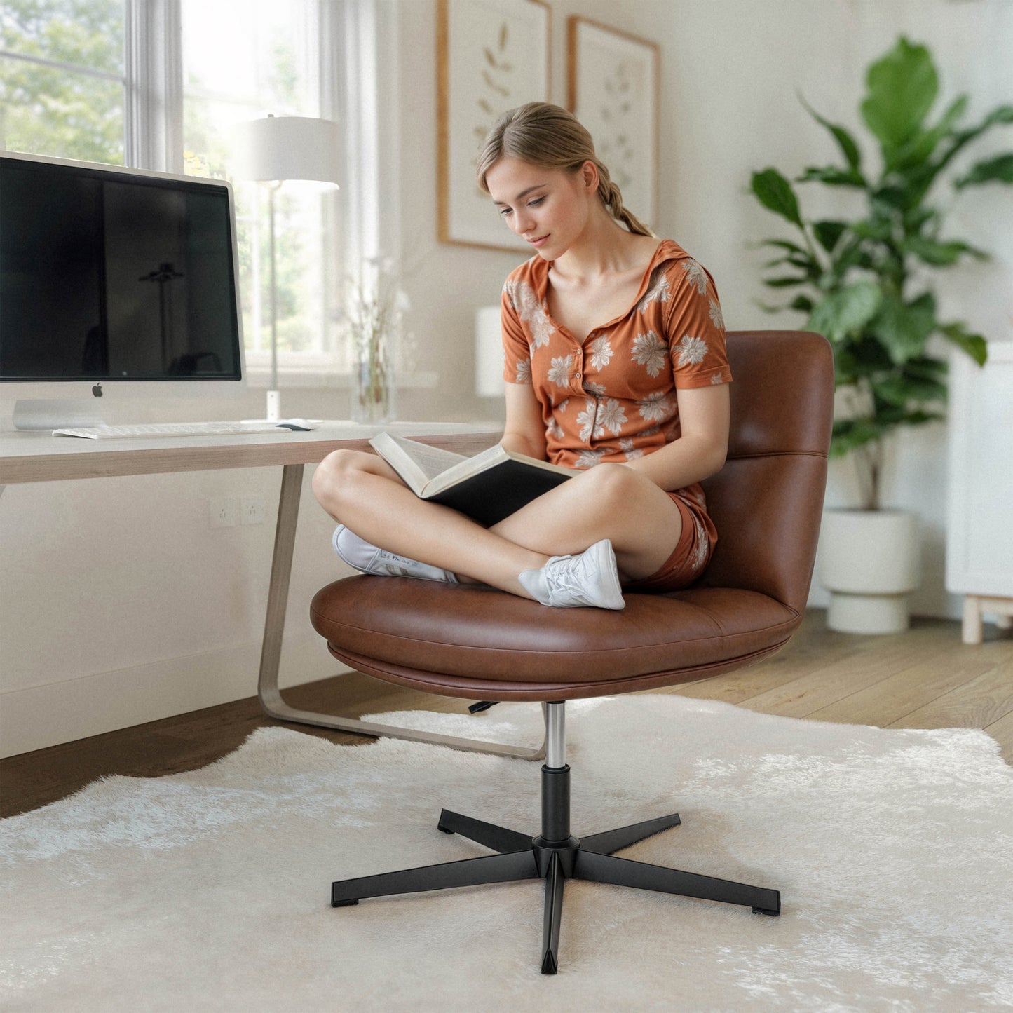 Chloe Commercial Wide Mid-Back Cognac Padded LeatherSoft Armless Stationary Task Office Chair with Adjustable Height, Swivel Function, and Black Frame Cognac LeatherSoft/Black Frame