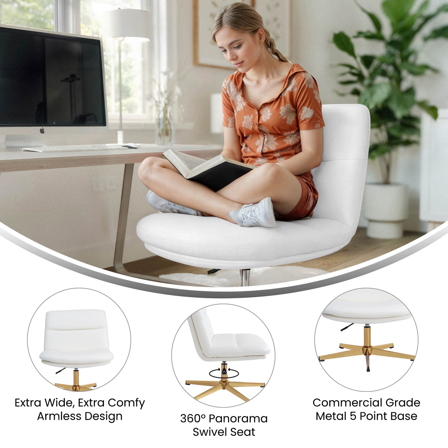 Chloe Commercial Wide Mid-Back White Padded LeatherSoft Armless Stationary Task Office Chair with Adjustable Height, Swivel Function, and Gold Frame White LeatherSoft/Gold Frame