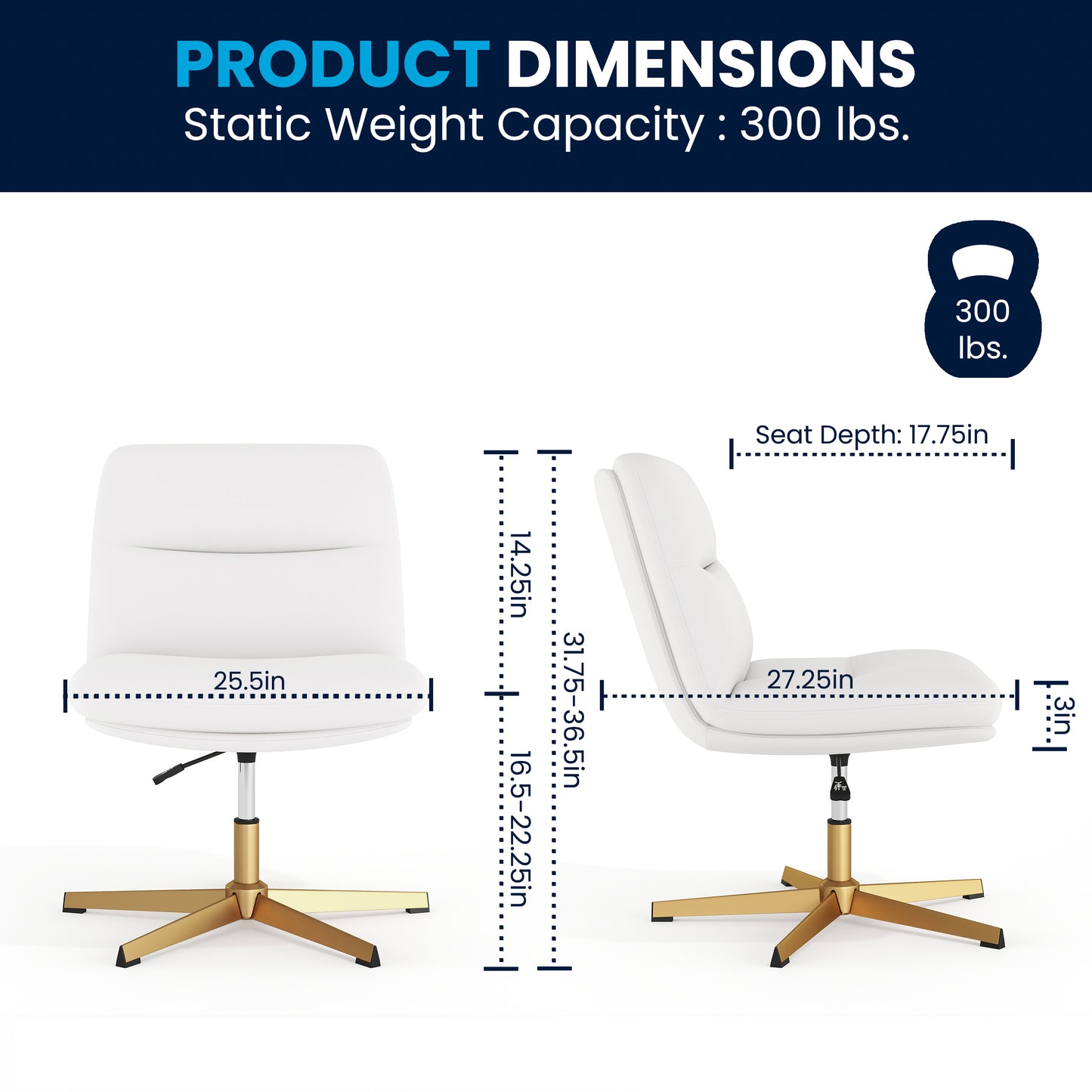 Chloe Commercial Wide Mid-Back White Padded LeatherSoft Armless Stationary Task Office Chair with Adjustable Height, Swivel Function, and Gold Frame White LeatherSoft/Gold Frame