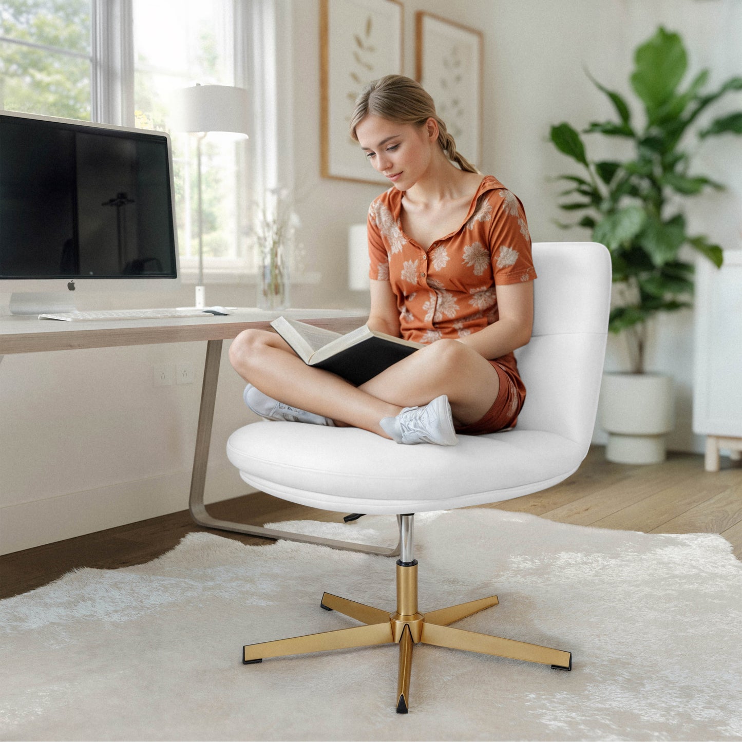 Chloe Commercial Wide Mid-Back White Padded LeatherSoft Armless Stationary Task Office Chair with Adjustable Height, Swivel Function, and Gold Frame White LeatherSoft/Gold Frame