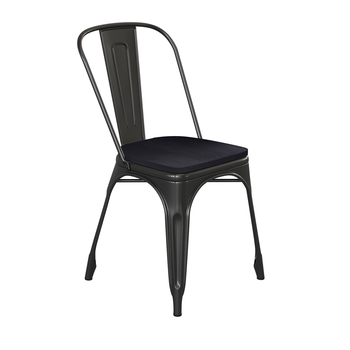 Perry Commercial Grade Black Metal Indoor-Outdoor Stackable Chair with Black Poly Resin Wood Seat Black Seat/Black Frame