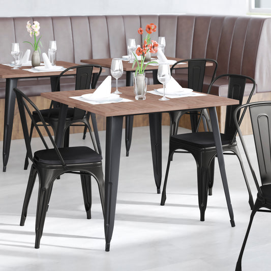 Perry Commercial Grade Black Metal Indoor-Outdoor Stackable Chair with Black Poly Resin Wood Seat Black Seat/Black Frame