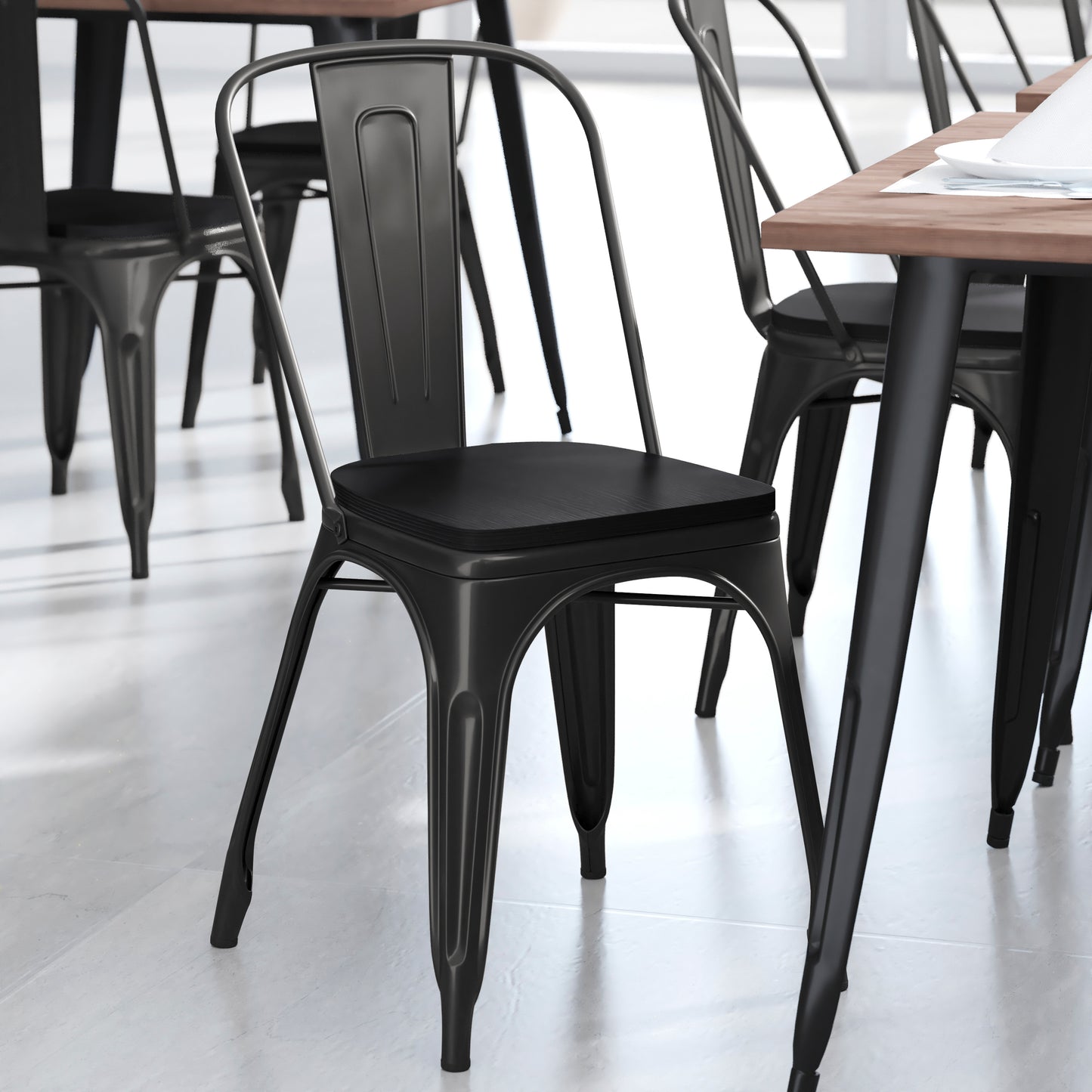 Perry Commercial Grade Black Metal Indoor-Outdoor Stackable Chair with Black Poly Resin Wood Seat Black Seat/Black Frame