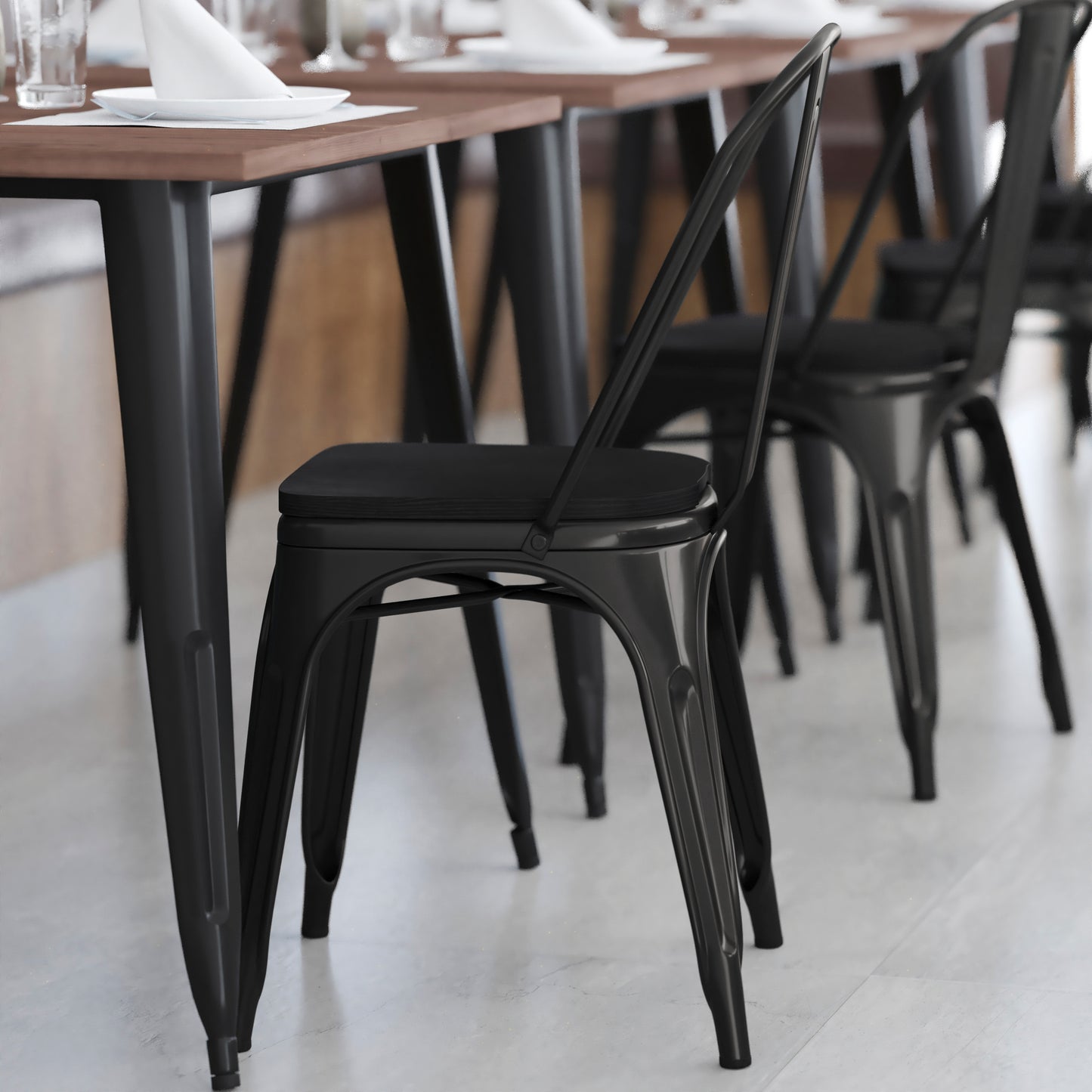 Perry Commercial Grade Black Metal Indoor-Outdoor Stackable Chair with Black Poly Resin Wood Seat Black Seat/Black Frame