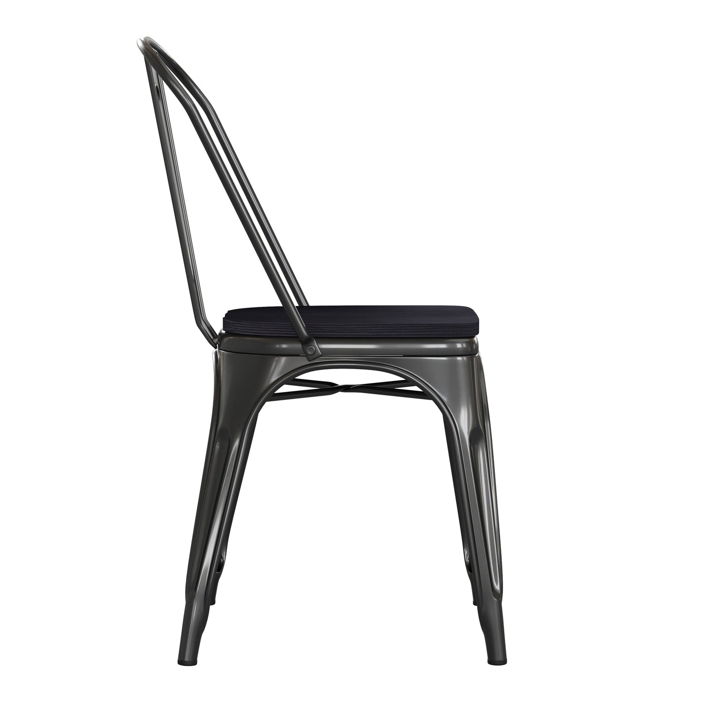 Perry Commercial Grade Black Metal Indoor-Outdoor Stackable Chair with Black Poly Resin Wood Seat Black Seat/Black Frame