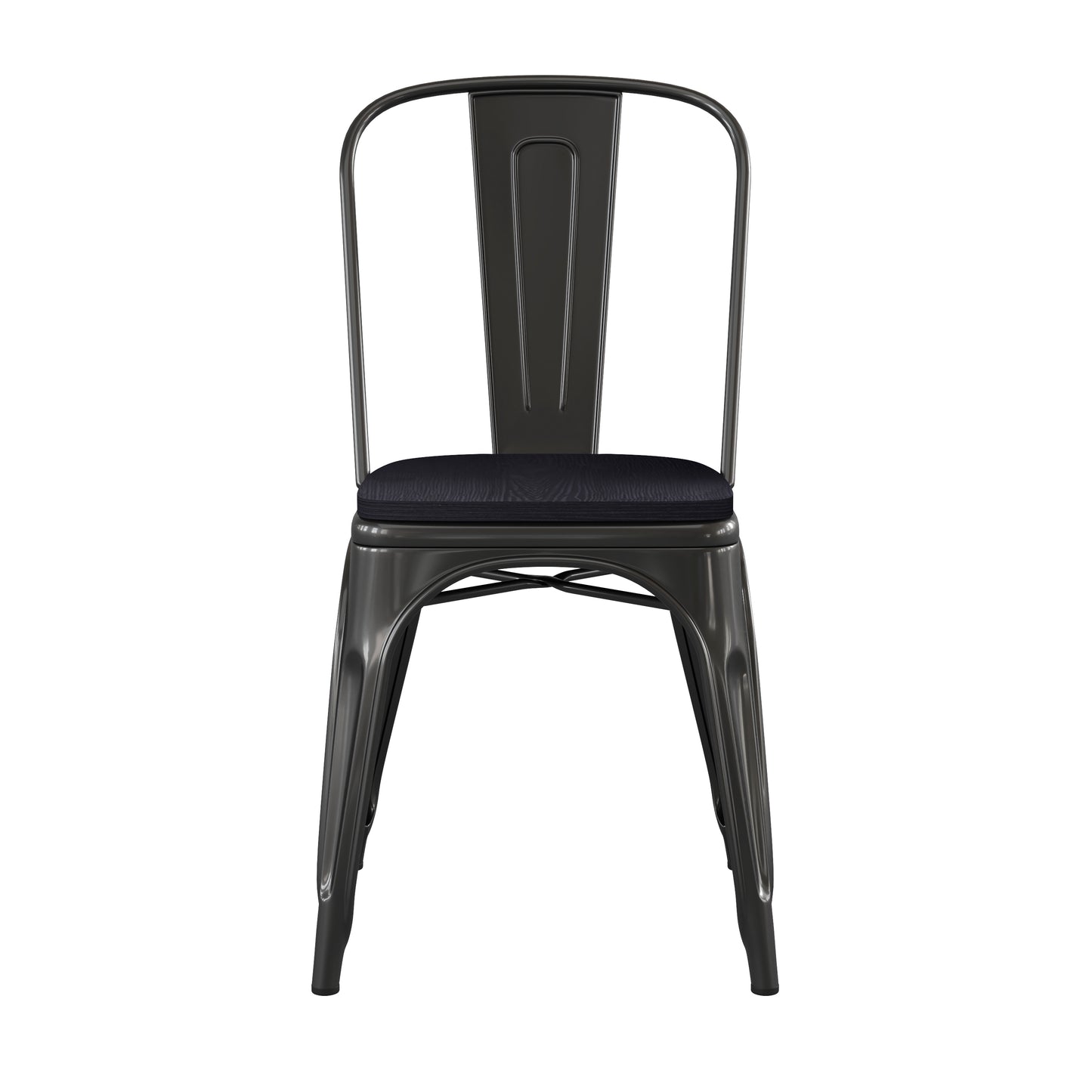 Perry Commercial Grade Black Metal Indoor-Outdoor Stackable Chair with Black Poly Resin Wood Seat Black Seat/Black Frame