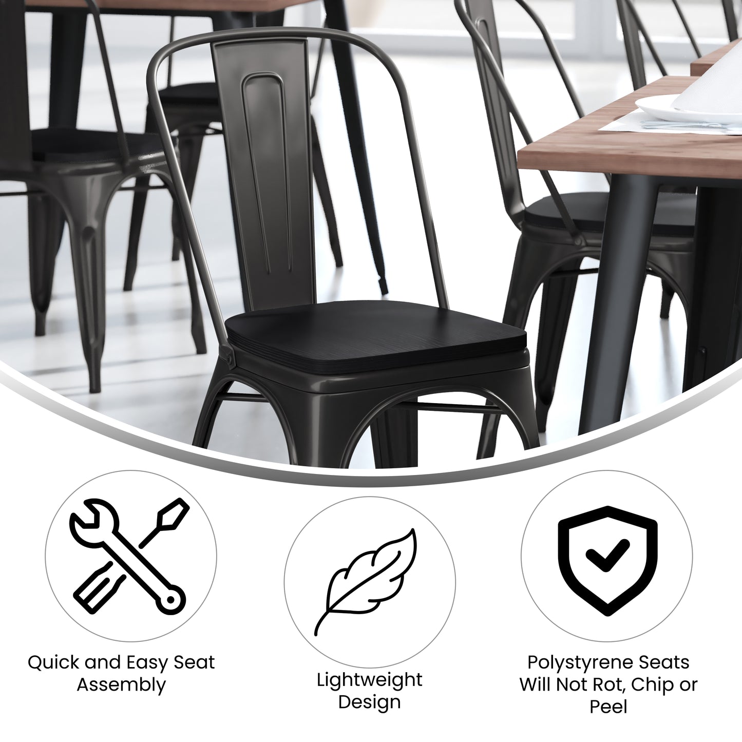 Perry Commercial Grade Black Metal Indoor-Outdoor Stackable Chair with Black Poly Resin Wood Seat Black Seat/Black Frame