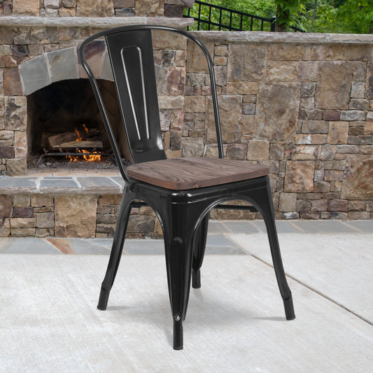 Perry Black Metal Stackable Chair with Wood Seat Black