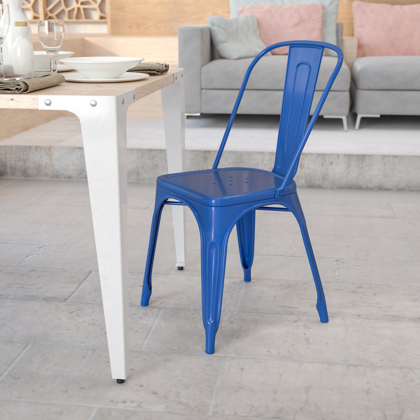 Perry Commercial Grade Blue Metal Indoor-Outdoor Stackable Chair Blue