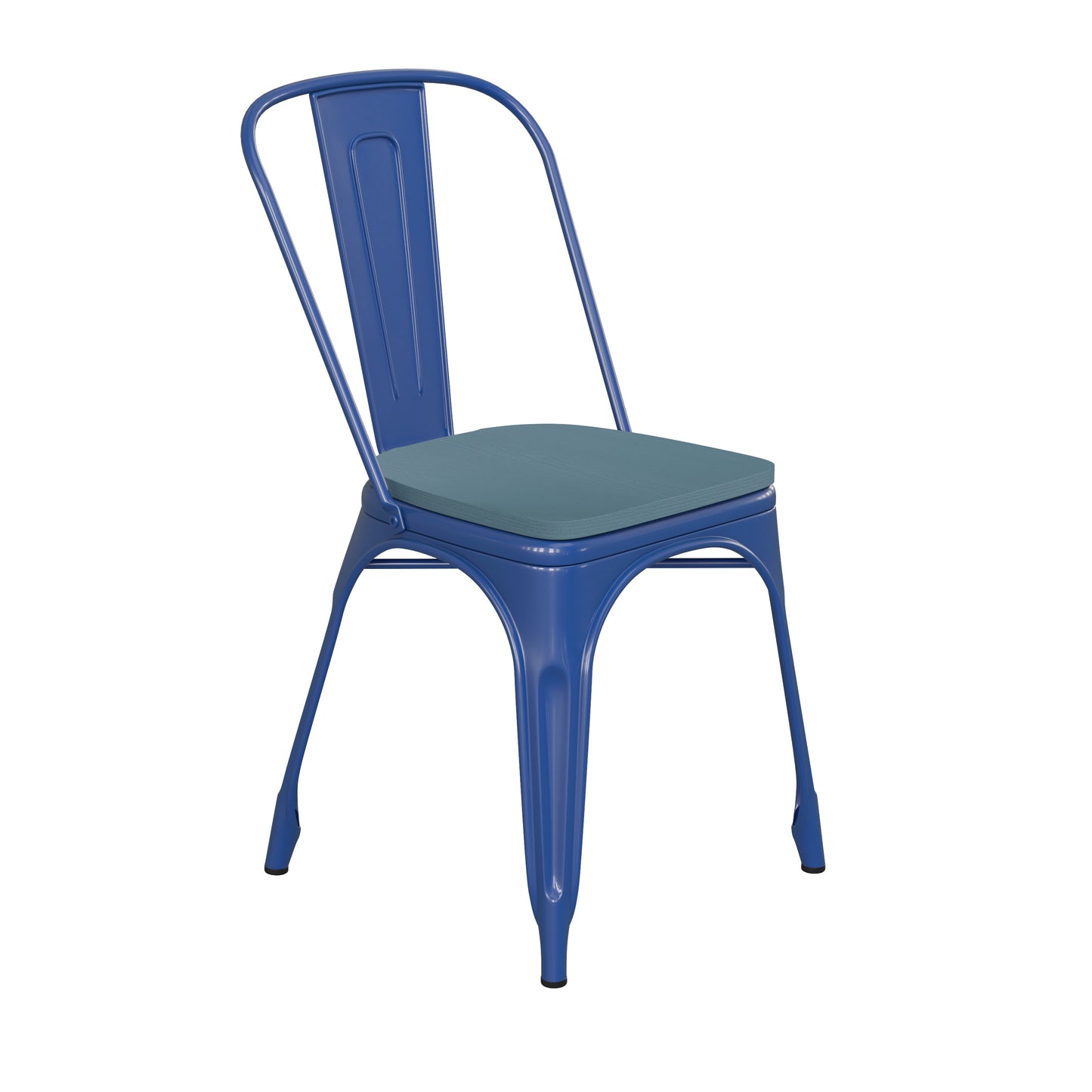 Perry Commercial Grade Blue Metal Indoor-Outdoor Stackable Chair with Teal-Blue Poly Resin Wood Seat Teal-Blue Seat/Blue Frame