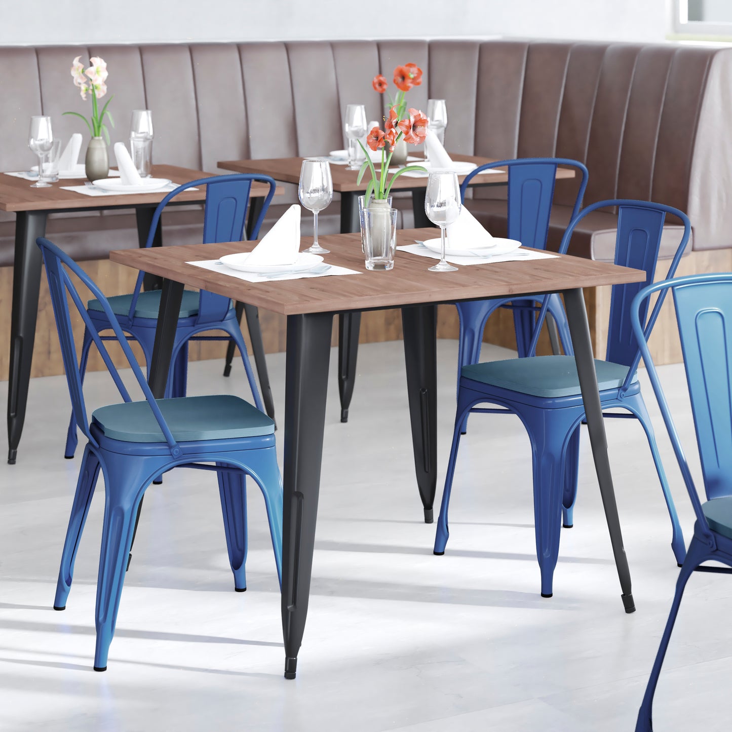 Perry Commercial Grade Blue Metal Indoor-Outdoor Stackable Chair with Teal-Blue Poly Resin Wood Seat Teal-Blue Seat/Blue Frame