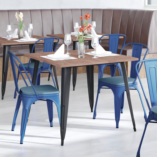 Perry Commercial Grade Blue Metal Indoor-Outdoor Stackable Chair with Teal-Blue Poly Resin Wood Seat Teal-Blue Seat/Blue Frame