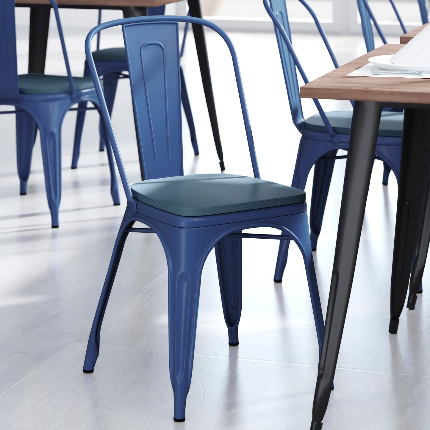 Perry Commercial Grade Blue Metal Indoor-Outdoor Stackable Chair with Teal-Blue Poly Resin Wood Seat Teal-Blue Seat/Blue Frame