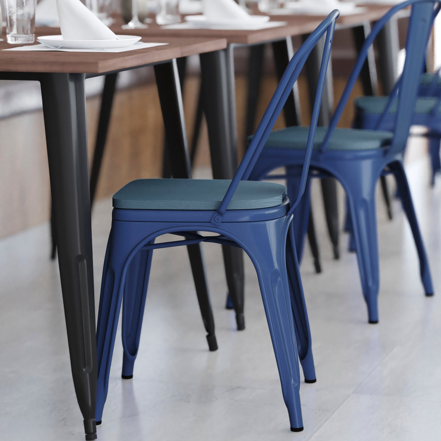 Perry Commercial Grade Blue Metal Indoor-Outdoor Stackable Chair with Teal-Blue Poly Resin Wood Seat Teal-Blue Seat/Blue Frame