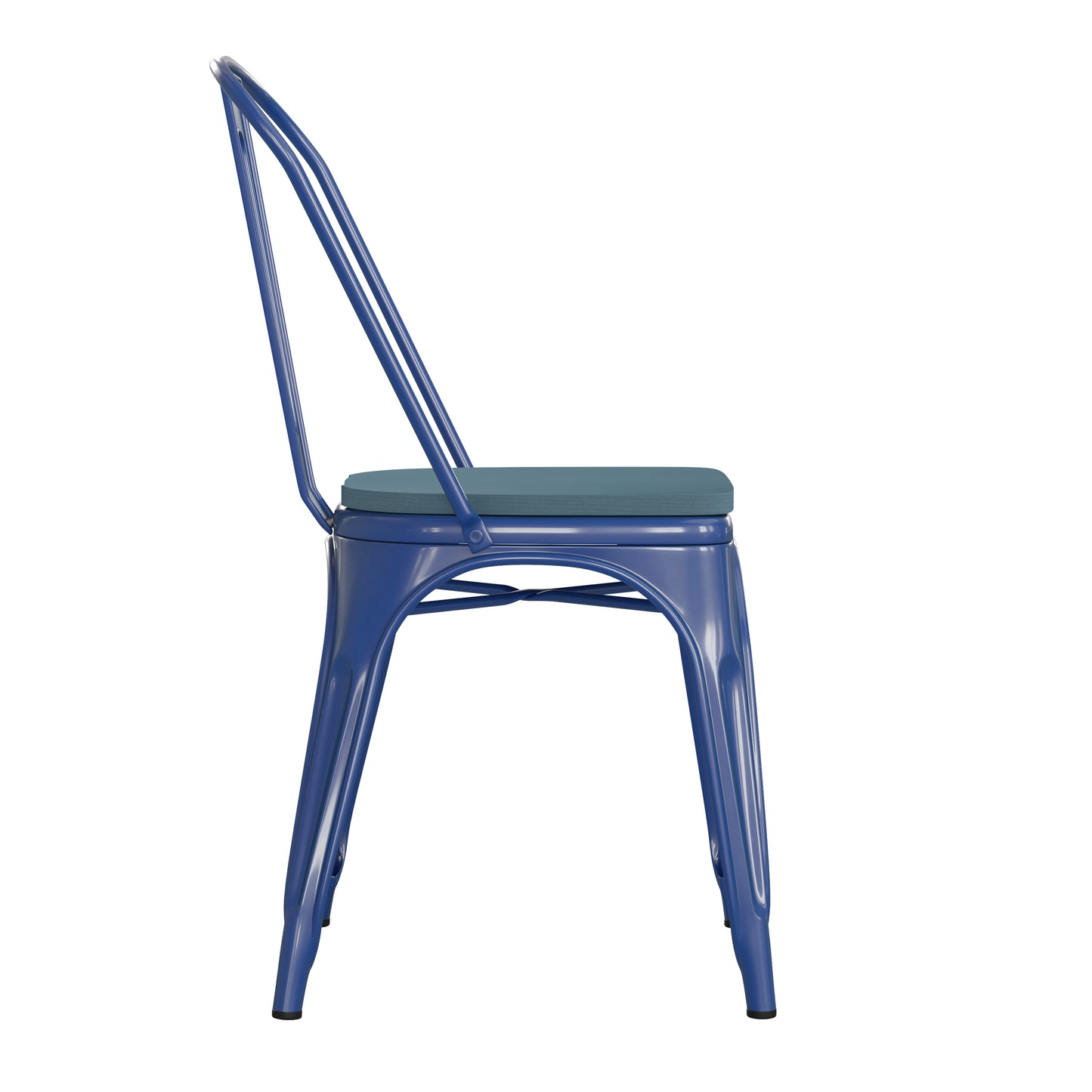 Perry Commercial Grade Blue Metal Indoor-Outdoor Stackable Chair with Teal-Blue Poly Resin Wood Seat Teal-Blue Seat/Blue Frame