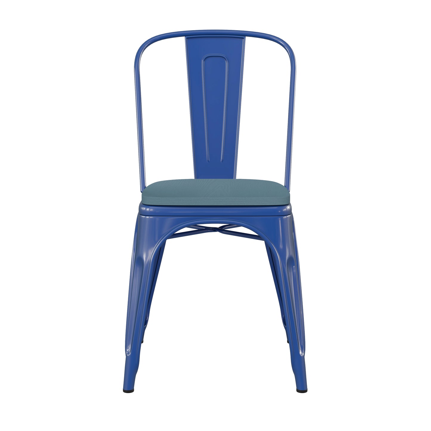 Perry Commercial Grade Blue Metal Indoor-Outdoor Stackable Chair with Teal-Blue Poly Resin Wood Seat Teal-Blue Seat/Blue Frame