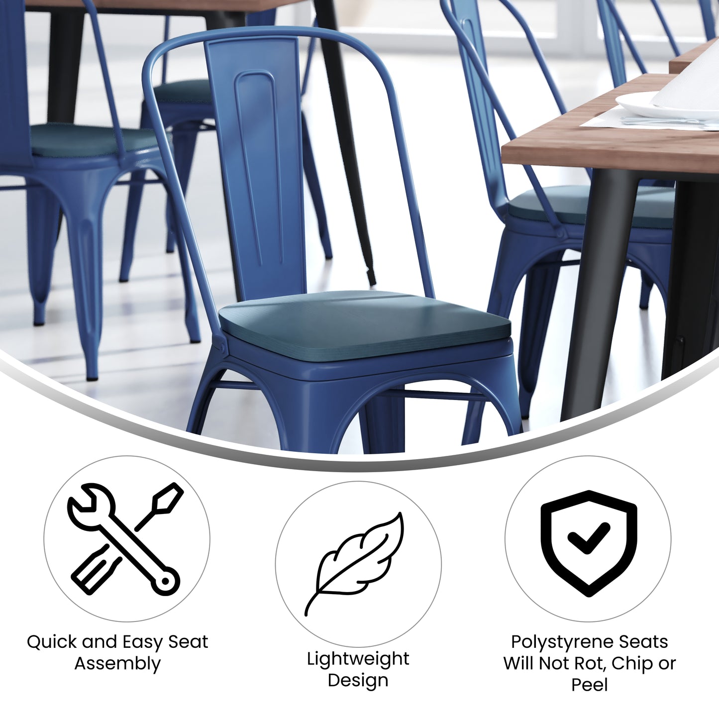 Perry Commercial Grade Blue Metal Indoor-Outdoor Stackable Chair with Teal-Blue Poly Resin Wood Seat Teal-Blue Seat/Blue Frame