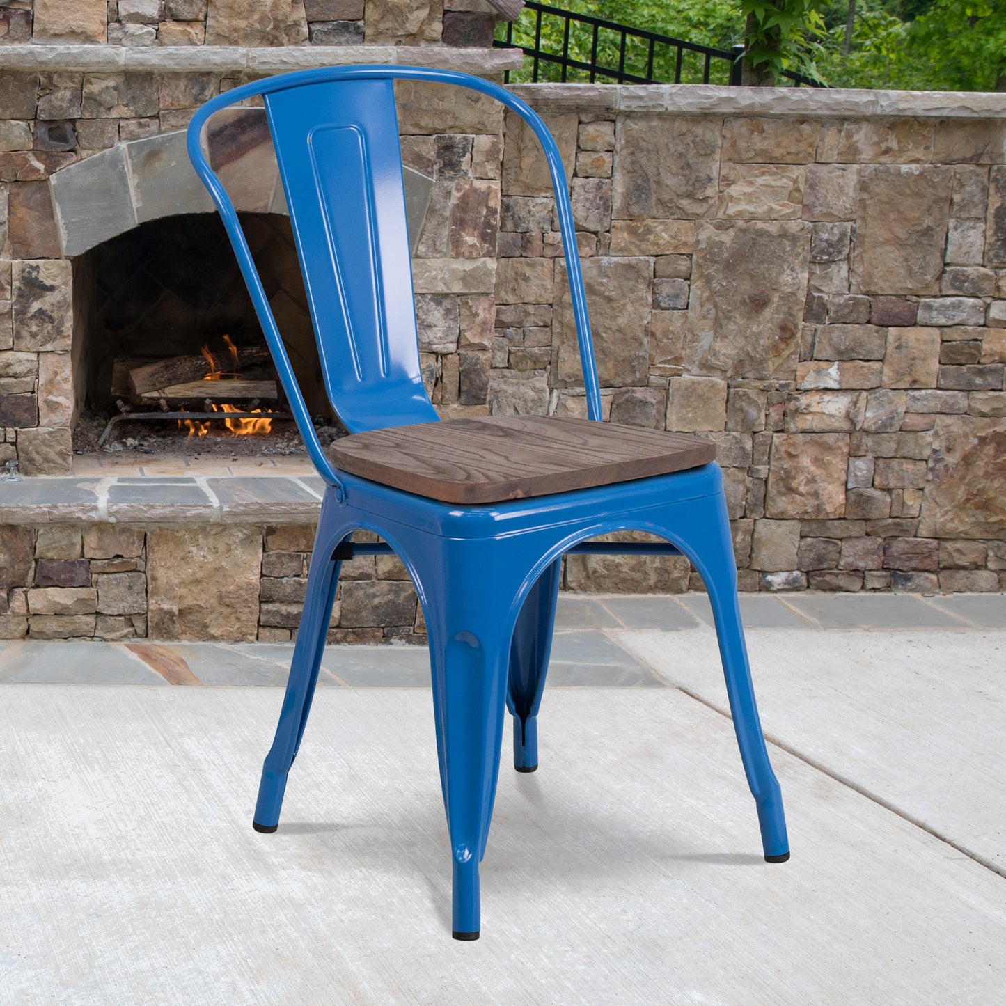 Perry Blue Metal Stackable Chair with Wood Seat Blue