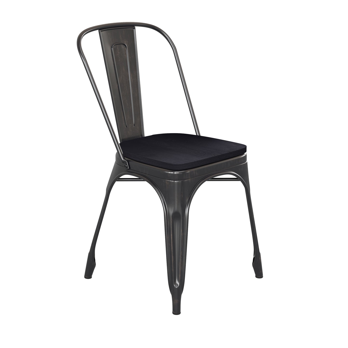 Perry Commercial Grade Black-Antique Gold Metal Indoor-Outdoor Stackable Chair with Black Poly Resin Wood Seat Black Seat/Black-Antique Gold Frame