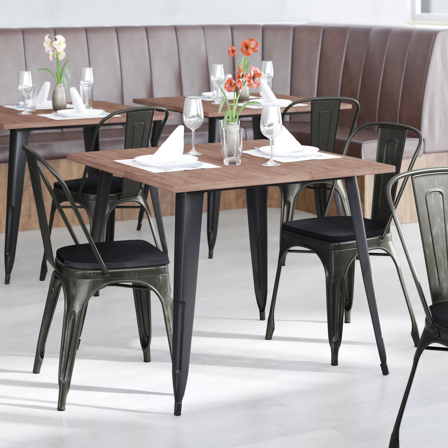 Perry Commercial Grade Black-Antique Gold Metal Indoor-Outdoor Stackable Chair with Black Poly Resin Wood Seat Black Seat/Black-Antique Gold Frame
