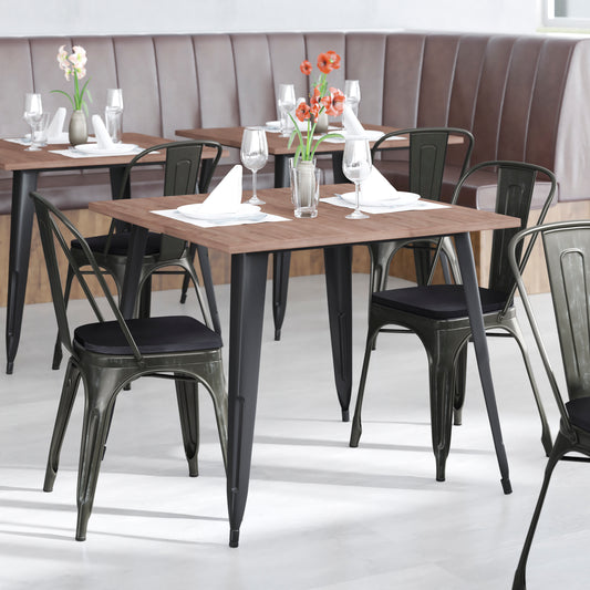 Perry Commercial Grade Black-Antique Gold Metal Indoor-Outdoor Stackable Chair with Black Poly Resin Wood Seat Black Seat/Black-Antique Gold Frame