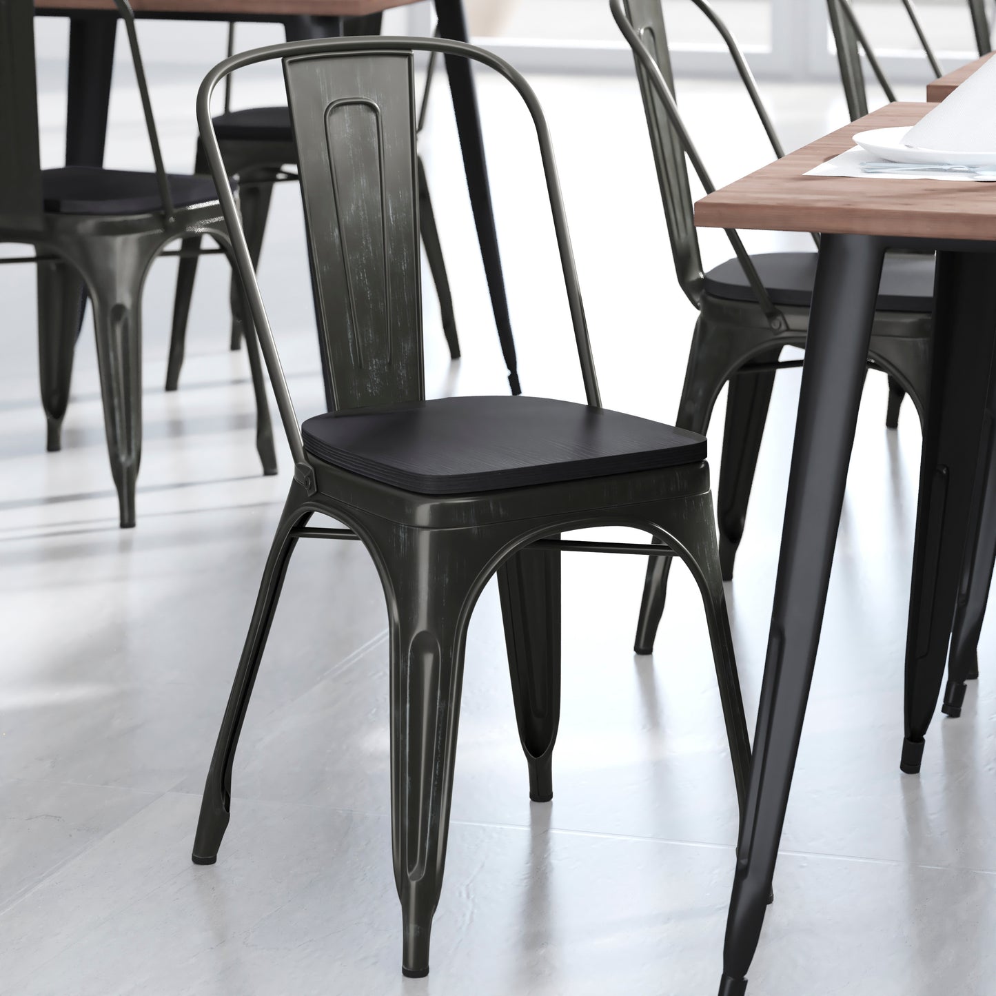 Perry Commercial Grade Black-Antique Gold Metal Indoor-Outdoor Stackable Chair with Black Poly Resin Wood Seat Black Seat/Black-Antique Gold Frame
